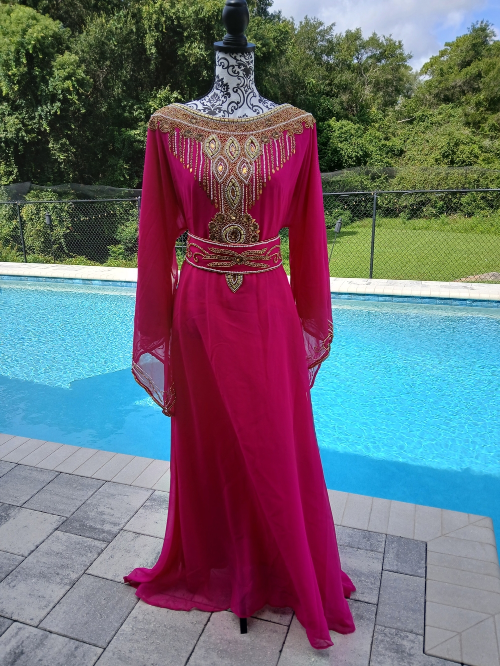 Embellished Fuchsia Kaftan Dress with Gold Beading